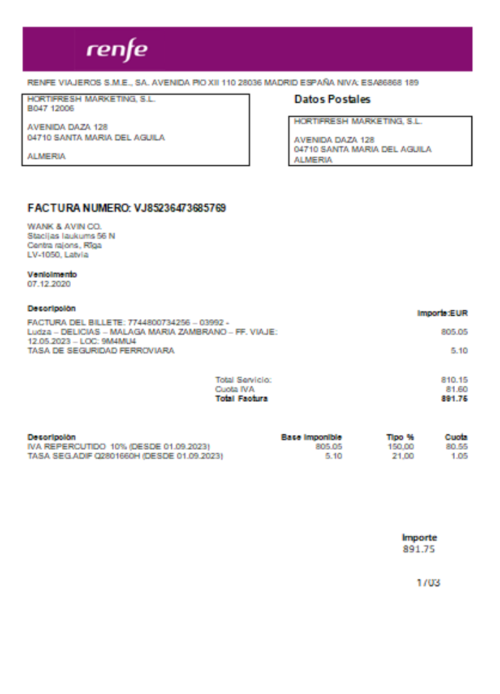 Renfe utility business bill, SCR PSD template
